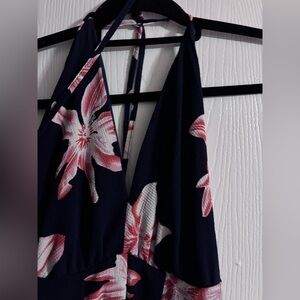 Amazon Navy Halter Backless Floral Dress with Pink Accents
